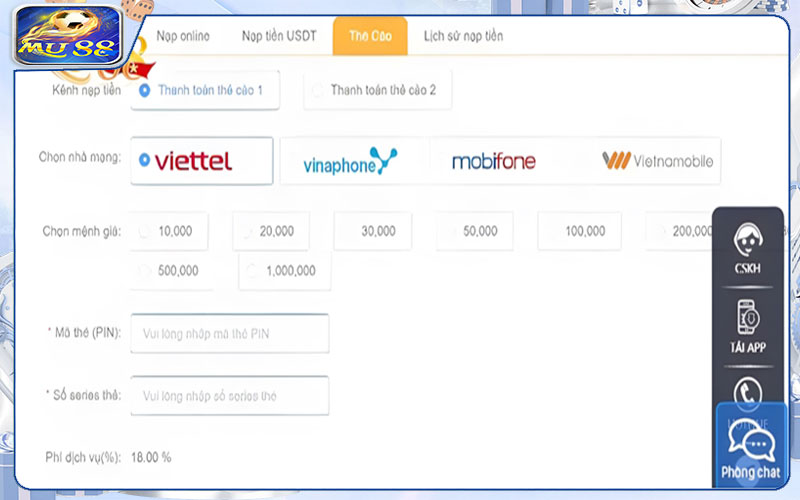 Nạp tiền Mu88 bằng thẻ Card điện thoại